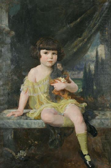 Douglas Volk Young Girl in Yellow Dress Holding her Doll, china oil painting image